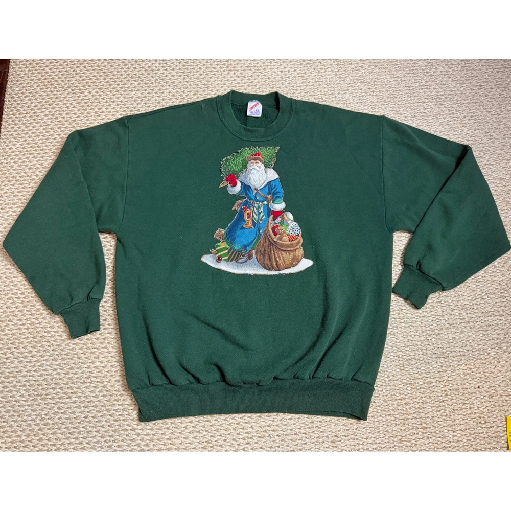 Vintage Jerzees Christmas Santa Sweatshirt XL Green 90'e USA embroidered sweater